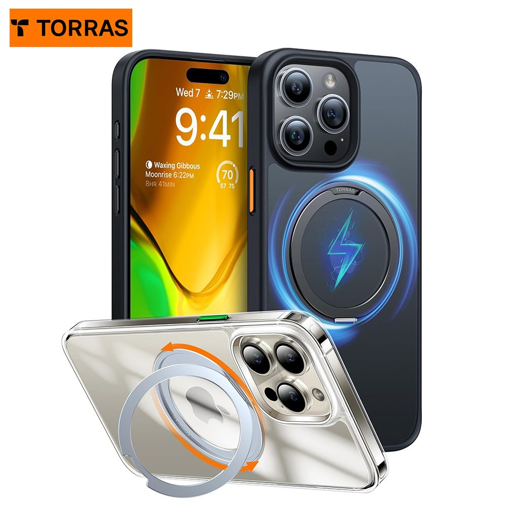 TORRAS чехол для iPhone 15 Pro Max, (айфон 15 про макс) магнитный чехол,  совместимый MagSafe с 360 вращающейся магнитной подставкой кольцо, военный  класс ударопрочный черный iPhone чехол - купить с доставкой по