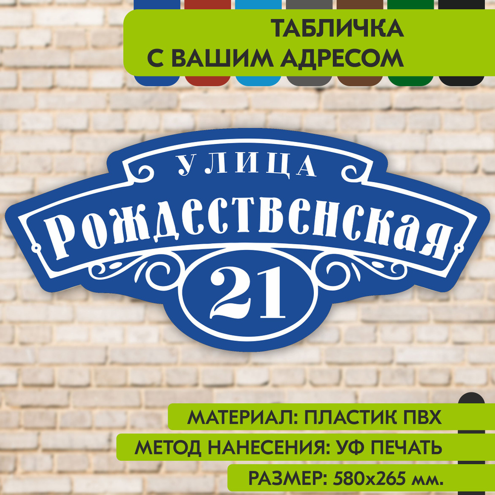 Адресная табличка на дом "Домовой знак" синяя, 580х265 мм., из пластика, УФ печать не выгорает  #1