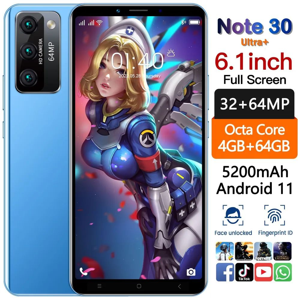 Смартфон Note30 Pro 6.1”, 5200 мАч, 32+64MP, Android Смартфон , поддержка  русского языка,5G WIFI GPS SIM IPS Режим ожидания Полноэкранный режим, 2024  ...