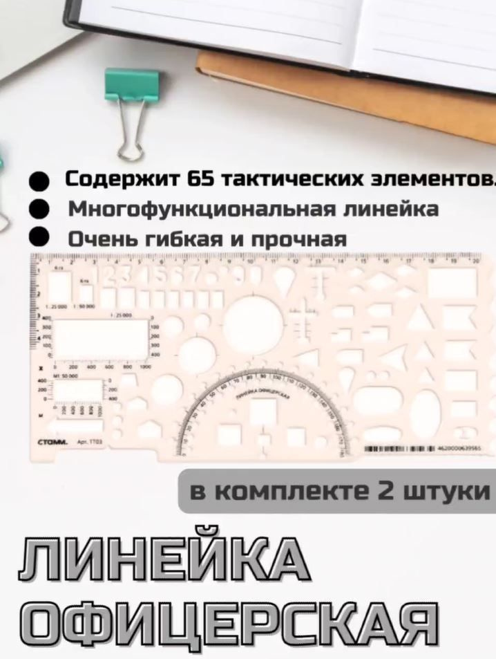 Линейка офицерская 20 см (командирская), прозрачная, 65 элементов, печатная шкала- 2шт.  #1