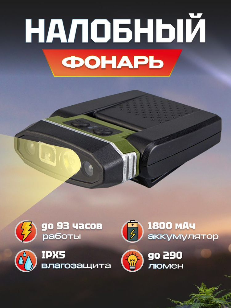 Фонарик налобный аккумуляторный Sunree H300 Sensor Hat Light 290 лм на голову, с сенсором, 1800мАч, IPX5, #1