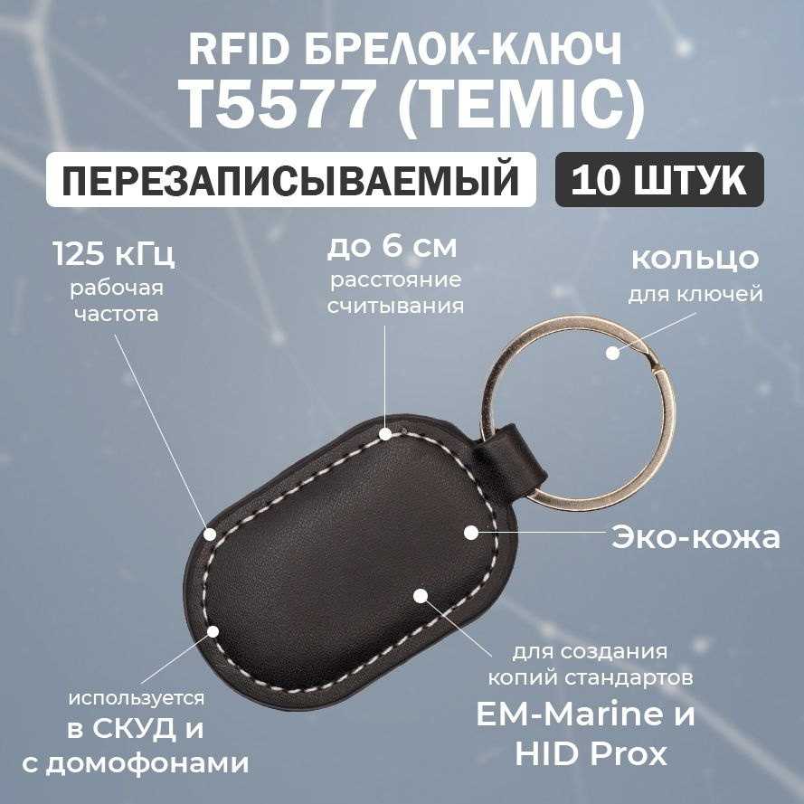 Перезаписываемый RFID брелок T5577 (CLASSIC-TEMIC) кожаный / брелок-заготовка для создания копий идентификаторов #1