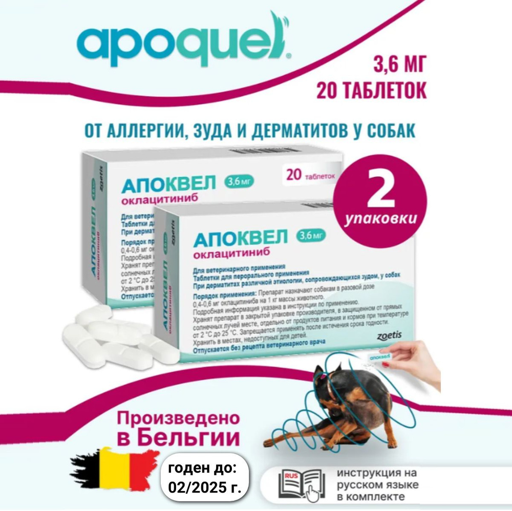 Апоквел 3.6 мг таблетки для собак от аллергии, зуда и дерматита, 40  таблеток ( 2 упаковки по 20 таб.) - купить с доставкой по выгодным ценам в  интернет-магазине OZON (1294933839)