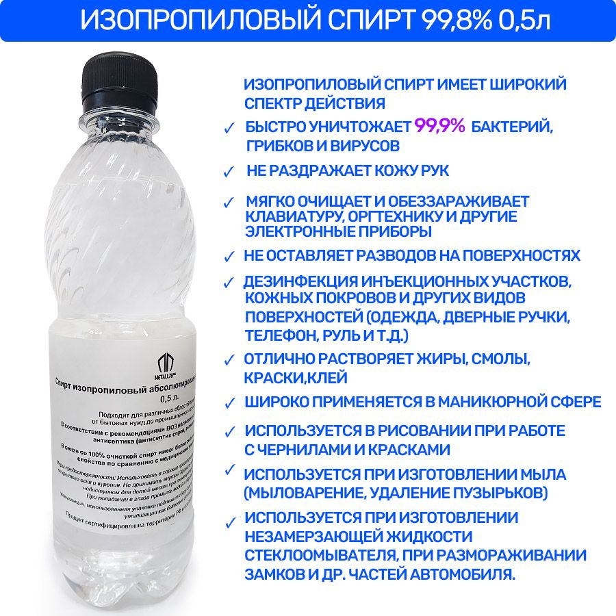 Спирт изопропиловый абсолютированный 99,8% (АИПС) 0,5 литра - купить с  доставкой по выгодным ценам в интернет-магазине OZON (1596493133)