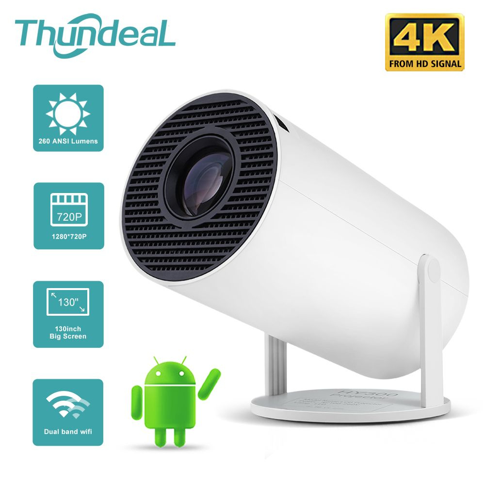 ThundeaL Проектор HY300 Android Wifi Умный Портативный 1280 720P Full HD  Офисный домашний кинотеатр Видео мини-проектор, 1280×720 HD, 1LCD, белый