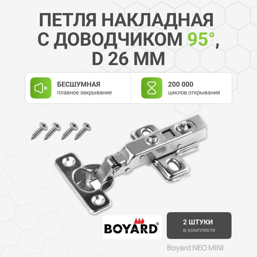 Петля мебельная накладная Boyard NEO MINI с доводчиком и крепежной фурнитурой угол открывания 95 градусов, #1