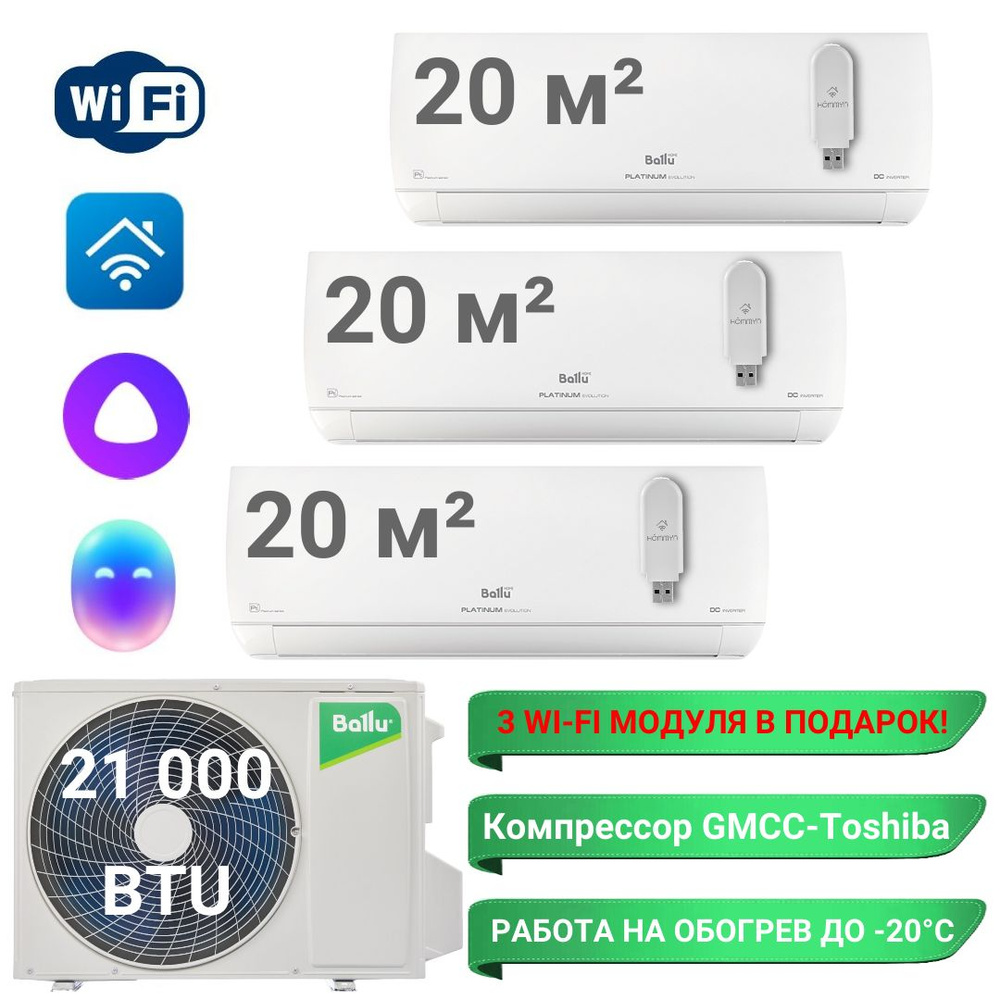 Инверторная мульти сплит-система BALLU на 3 комнаты (20 м2 + 20 м2 + 20 м2)  BA3OI-FM/out-21HN8/EU + 3 x BSUI-FM/in-07HN8/EU - купить по доступным ценам  в интернет-магазине OZON (756375420)