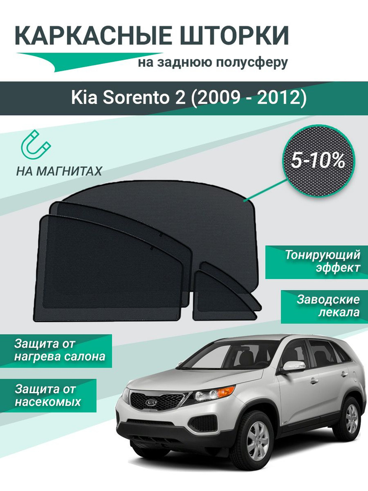 Каркасные шторки для Kia Sorento 2 (2009 - 2012) на магнитах, сетки на все задние стекла  #1