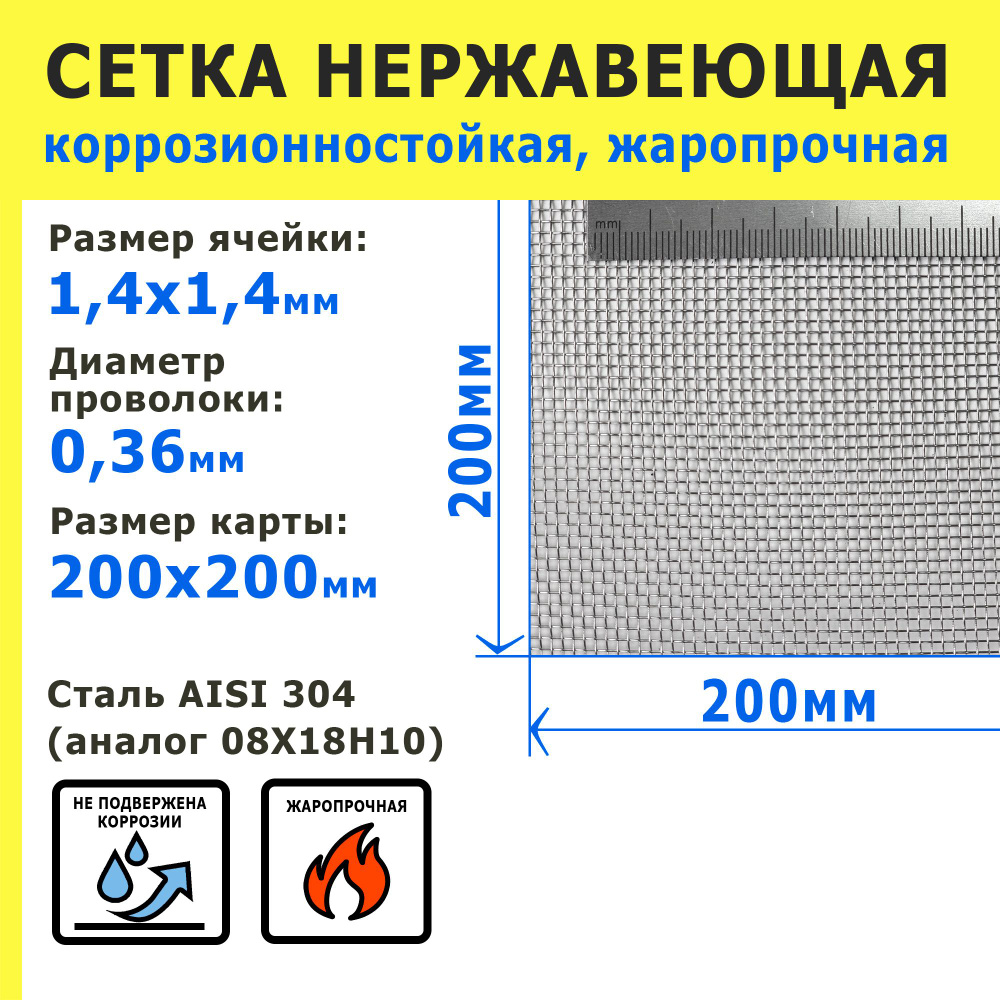 Сетка нержавеющая 1,4х1,4х0,36 мм для фильтрации, защиты от насекомых, грызунов. Сталь AISI 304 (08Х18Н10). #1