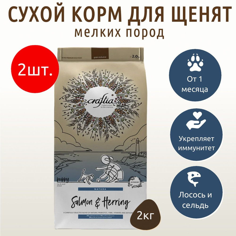 Сухой корм CRAFTIA NATURA 4 кг (2 упаковки по 2 кг) для щенков миниатюрных и мелких пород из лосося с #1