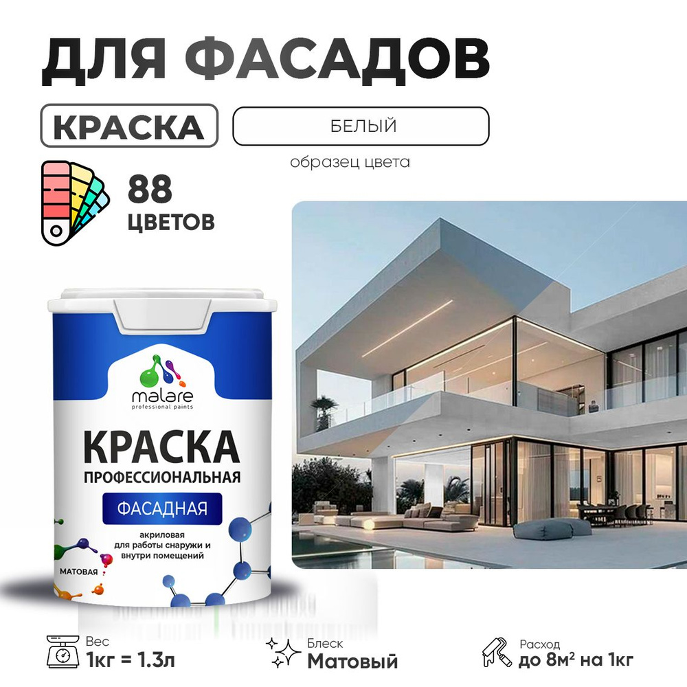 Краска фасадная для наружных работ Malare Professional для дерева по бетону, для минеральных поверхностей #1