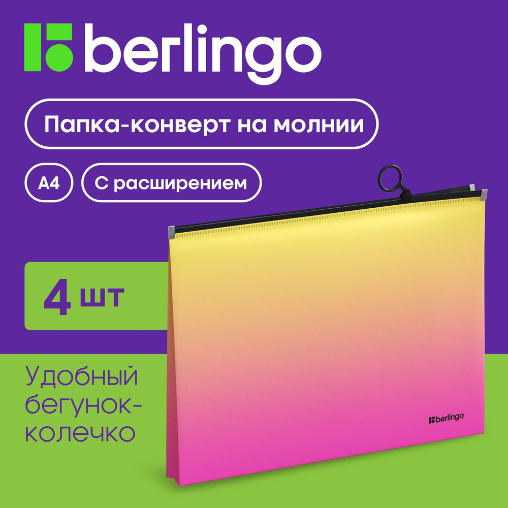 Папка конверт для документов и бумаг на молнии с расширением Berlingo "Radiance", 180 мкм, 4 штуки  #1