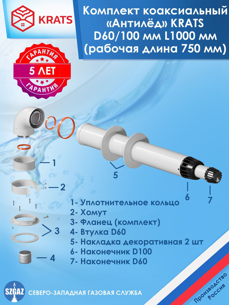 Коаксиальная труба 60/100-750 мм комплект дымохода KRATS АНТИЛЕД универсальный для котлов BAXI Ariston #1