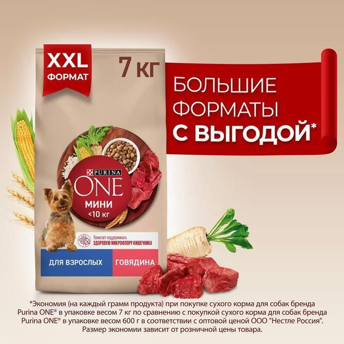 PURINA ONE МИНИ сухой корм для взрослых собак мелких пород, с высоким содержанием говядины и с рисом #1