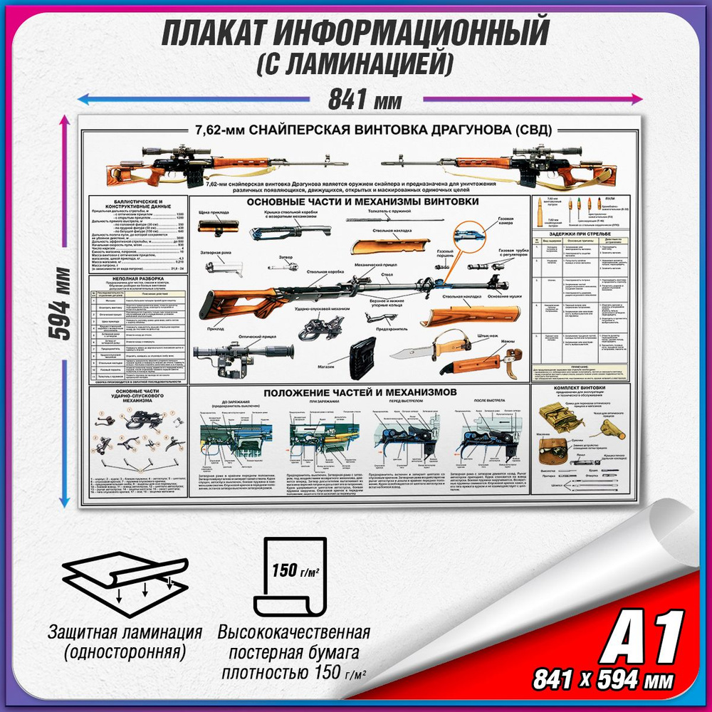 Информационный военный плакат "7,62-мм Снайперская винтовка Драгунова (СВД)" / ламинированный / А1 (84x60 #1