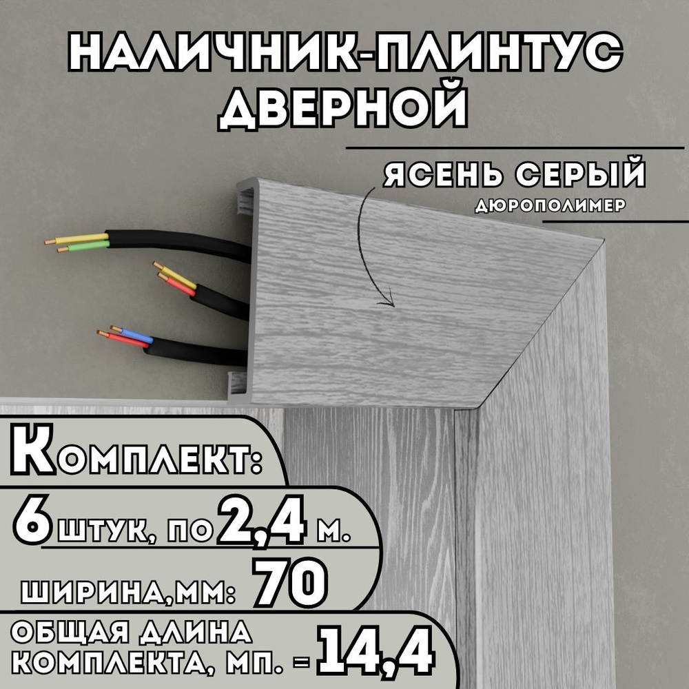 Наличник-плинтус дверной ПВХ, комплект из 6 шт., 70мм x 2.4м, цвет: Ясень Серый, устойчивый к влаге и #1