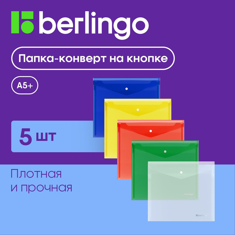 Папка-конверт на кнопке для документов и бумаг, Berlingo "No Secret", А5+, набор 5 штук  #1