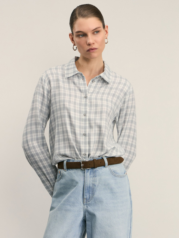 Рубашка Женский Zarina голубой Длинный Вискоза, Полиэстер Клетка ...