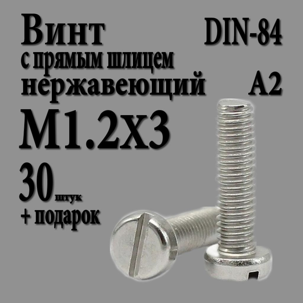 Винт с цилиндрической головкой и прямым шлицем М1.2Х3 (M1.2X3 шаг 0.25) DIN 84 нержавеющий А2 30 шт. #1