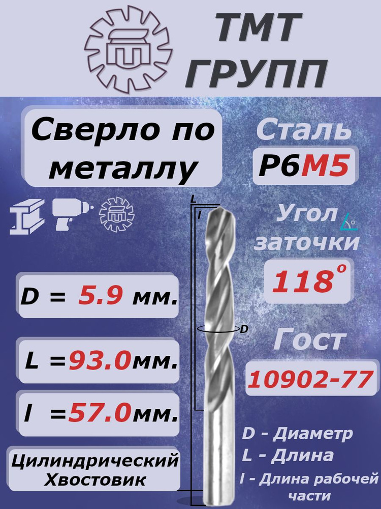 Сверло по металлу, цилиндрический хвостовик,ц/х, 5.9 мм. Р6М5 с* #1