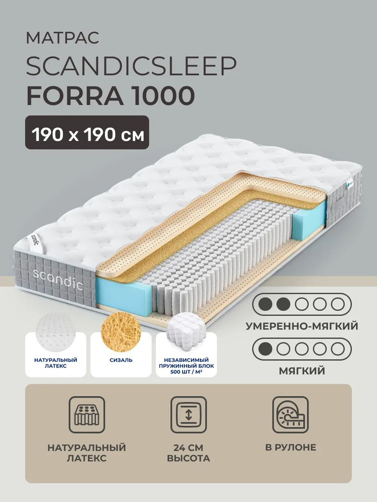 Матрас 190х190 ScandicSleep Forra S1000, независимые пружины, двусторонний с разной жесткостью, полумягкий, #1