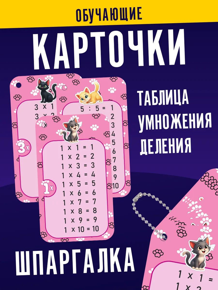 Карточки с таблицей умножения и деления для детей Котики. #1
