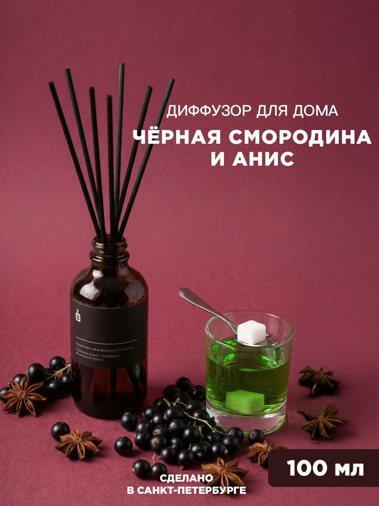 Ароматический диффузор с палочками 100мл "Чёрная смородина и анис", диффузор для дома с палочками, парфюмированный #1