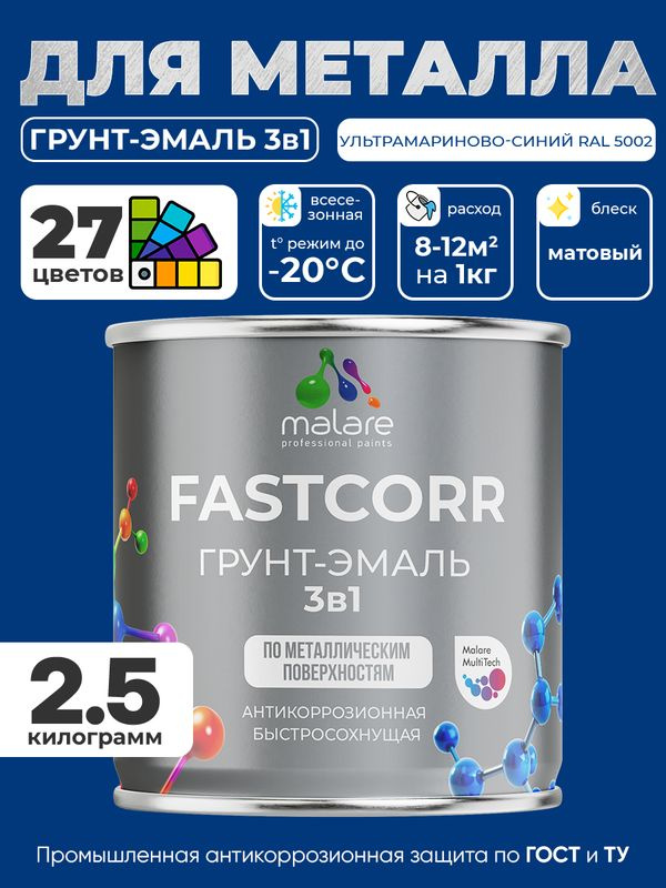Грунт-эмаль по ржавчине 3 в 1 Malare FastCorr краска для металла, антикоррозионная износостойкая быстросохнущая #1