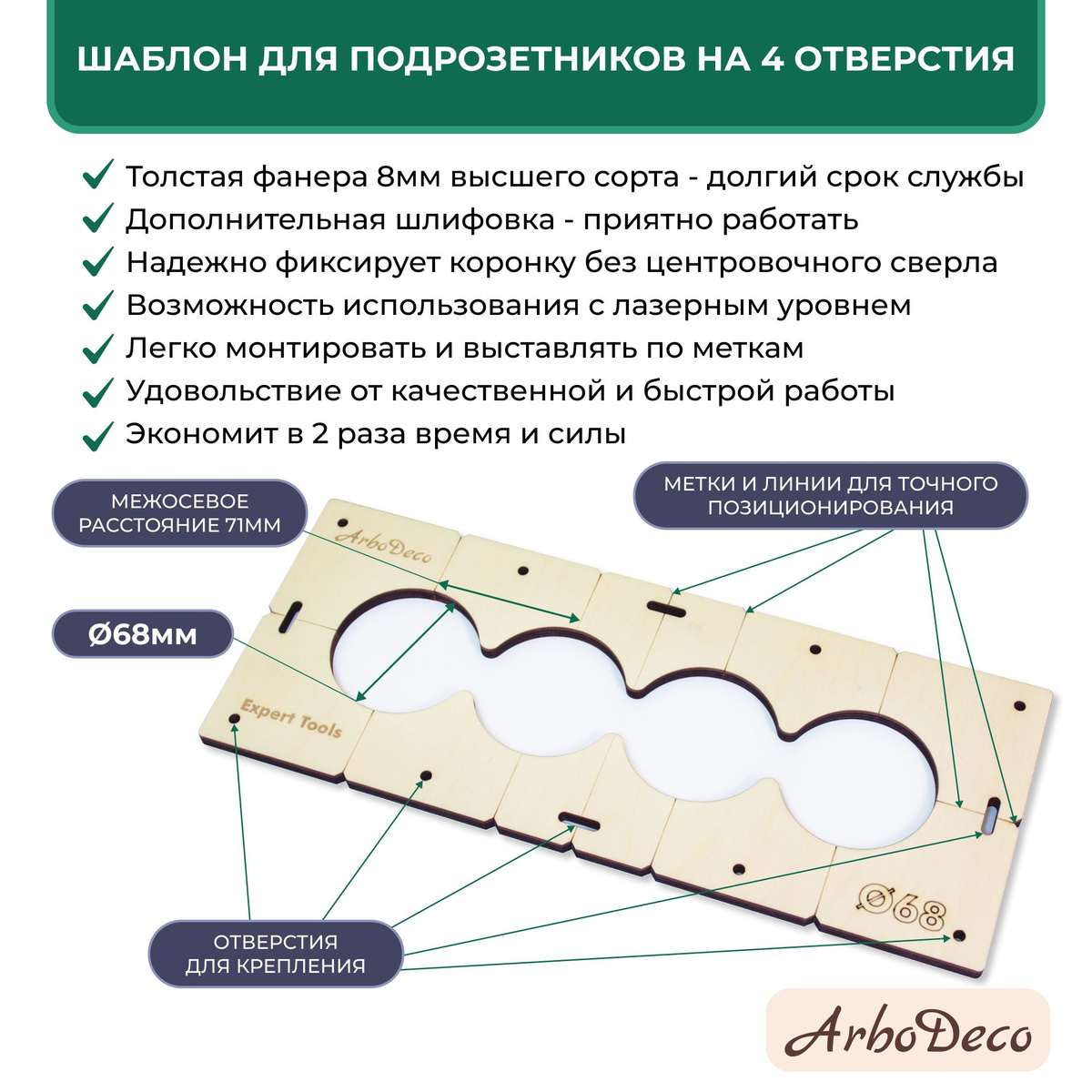 Шаблон для подрозетника на 4 отверстия 68 мм