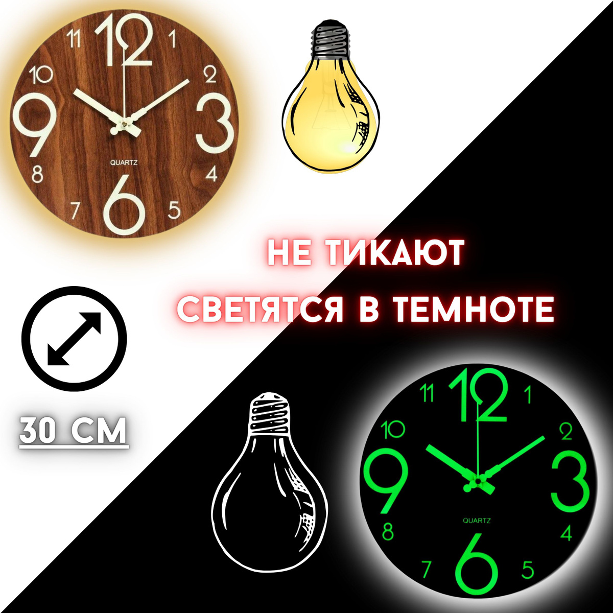 Часы настенные QUARTZ Светящиеся фосфорные люминесцентные часы на стену ...