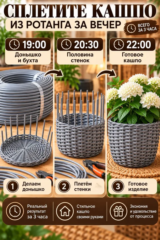 Ротанг для плетения полутрубка искусственный, 6 мм, 100 м, серый, 100 м, фото 5