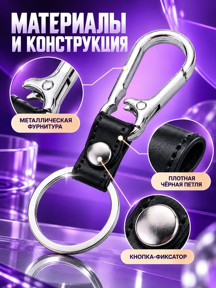 Брелок для ключей карабин металлический с эко кожей, вариант, фото 3