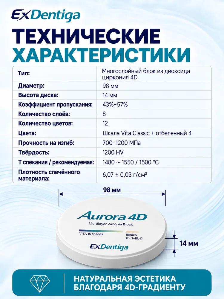 Циркониевый диск Multilayer ExDentiqa 4D A2 98х14 мм для изготовления ортопедических стоматологических реставраций, 98x14 мм, фото 2