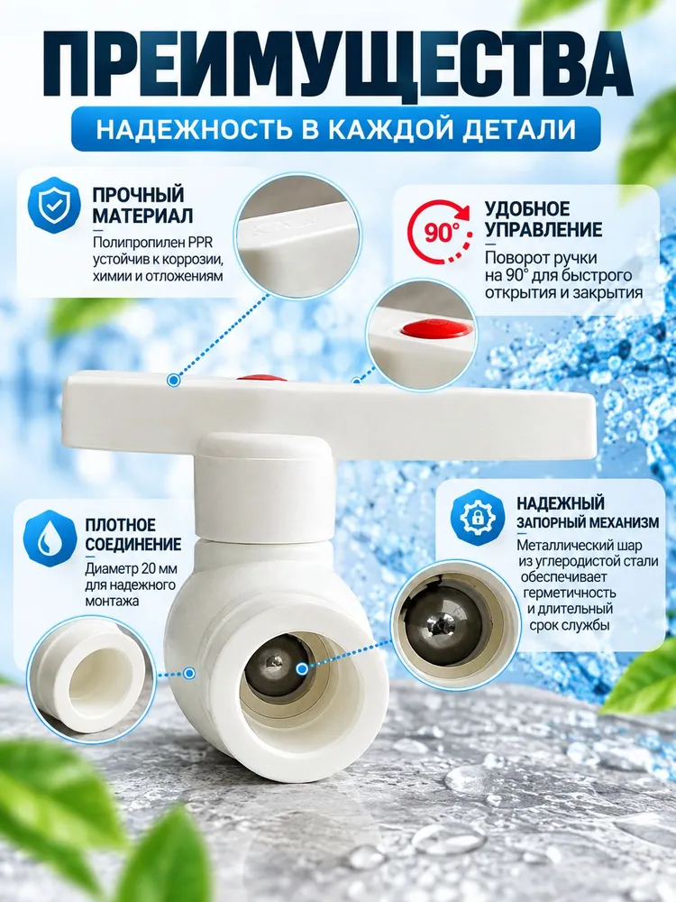 Кран шаровой полипропиленовый 20 мм для воды и отопления, вариант, фото 2