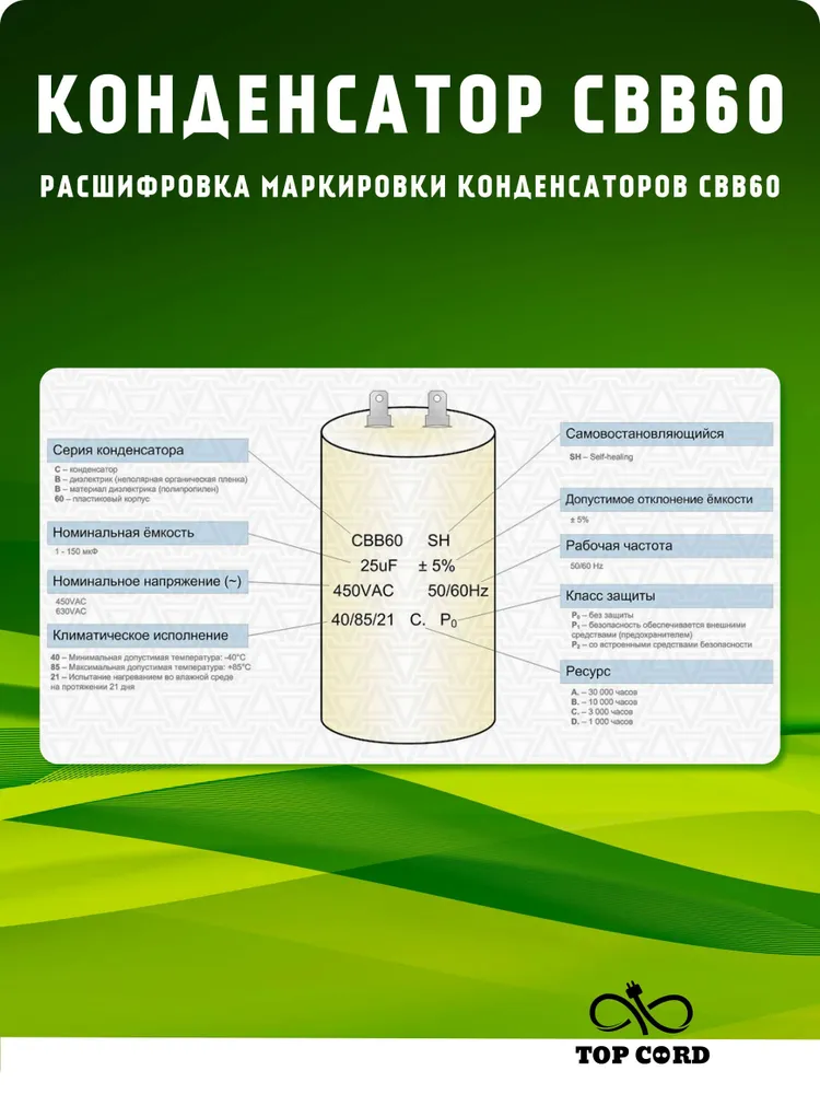 Конденсатор пусковой/рабочий CBB60 5мкФ 450V с проводом, вариант, фото 4