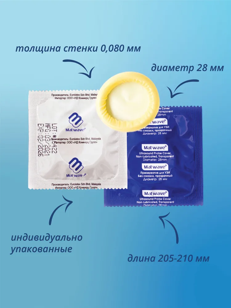 Презервативы для УЗИ Matwave чехол защитный длина 210 мм, диаметр 28 мм, толщина 0,080 мм, 100 шт - 3 упаковки, 100 шт, фото 3