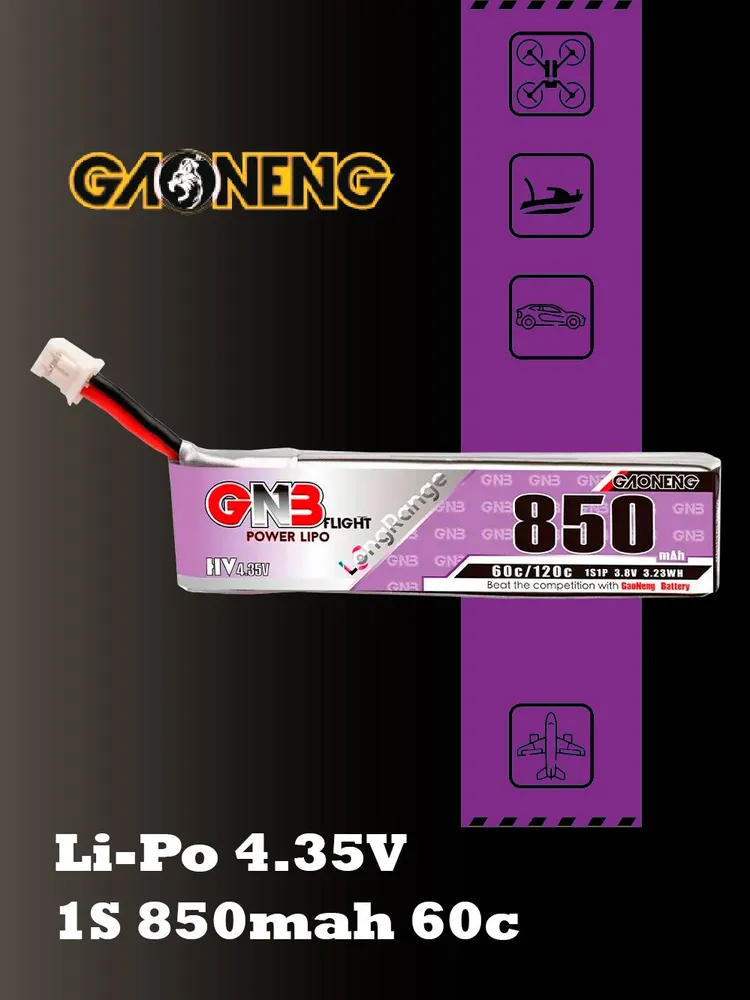 Аккумулятор Li-po Gaoneng GNB 850mah 1S1P 3.8V HV 60C 7.7x18x66mm, 850 мАч