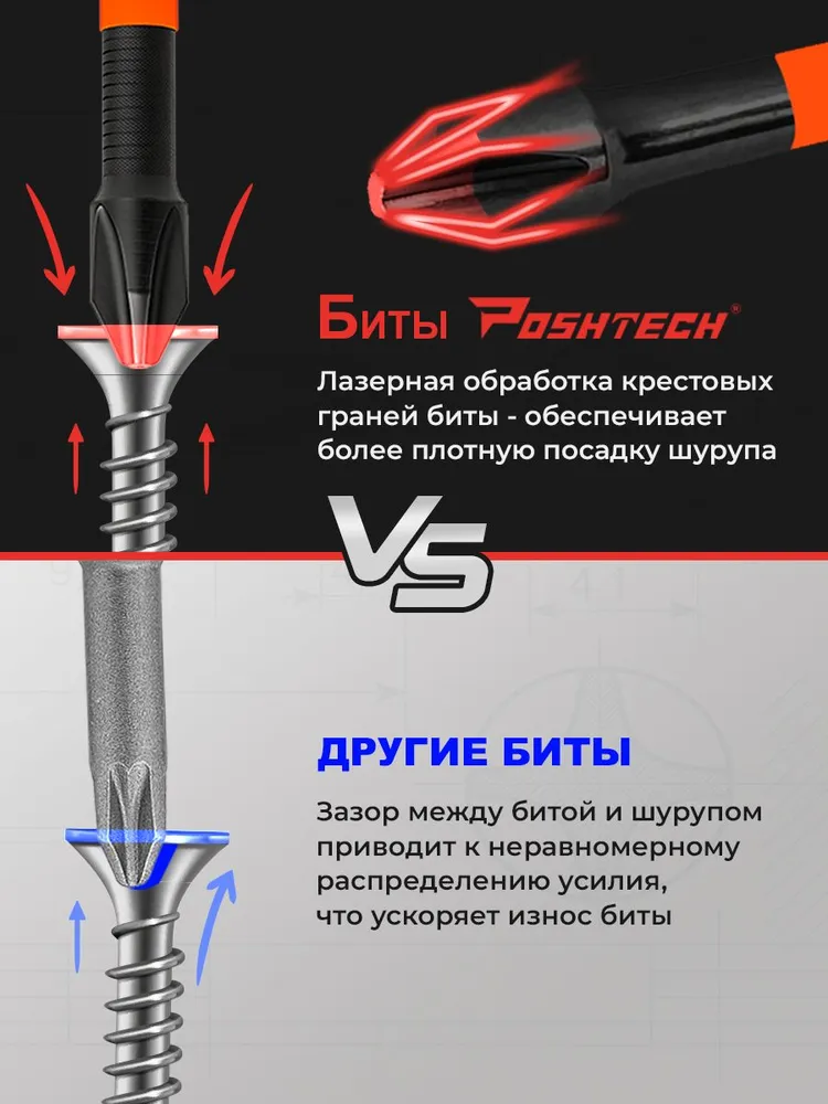 Биты торсионные магнитные TORSION PZ2 x 50 мм 2 шт by POSHTECH, 2x50 мм, 2 шт, фото 6