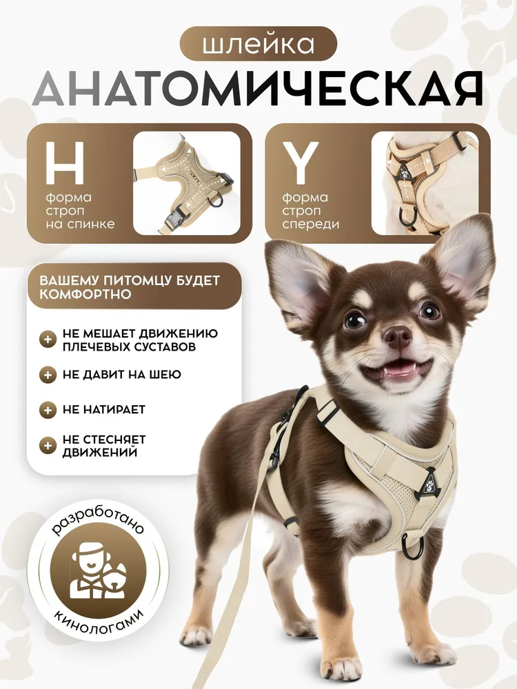 Шлейка для собак мелких пород анатомическая, с поводком 2 метра Savipets, размер M, цвет бежевый, 2 м, фото 2