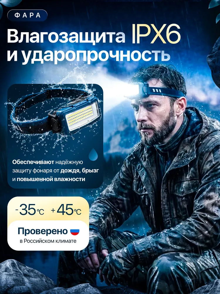 Фонарь налобный аккумуляторный мощный LED, фонарик на голову для рыбалки, охоты, туризма и кемпинга, вариант, фото 6