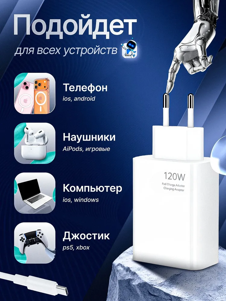 Зарядное устройство 120w, быстрая зарядка + кабель Type-c в комплекте, 120 Вт, фото 4