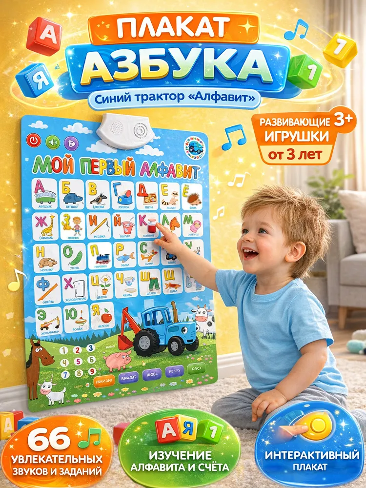 Плакат азбука для малышей Синий трактор "Алфавит", развивающие игрушки от 3 лет, синий