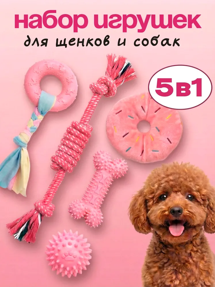 Игрушки для собак и щенков мелких и средних пород, набор игрушек из 5шт, косточка, мяч, канат, кольцо, пончик, 5 шт