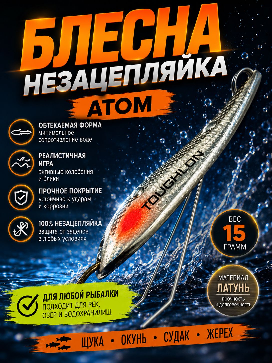 Блесна незацепляйка колебалка атом на щуку, жереха и судака