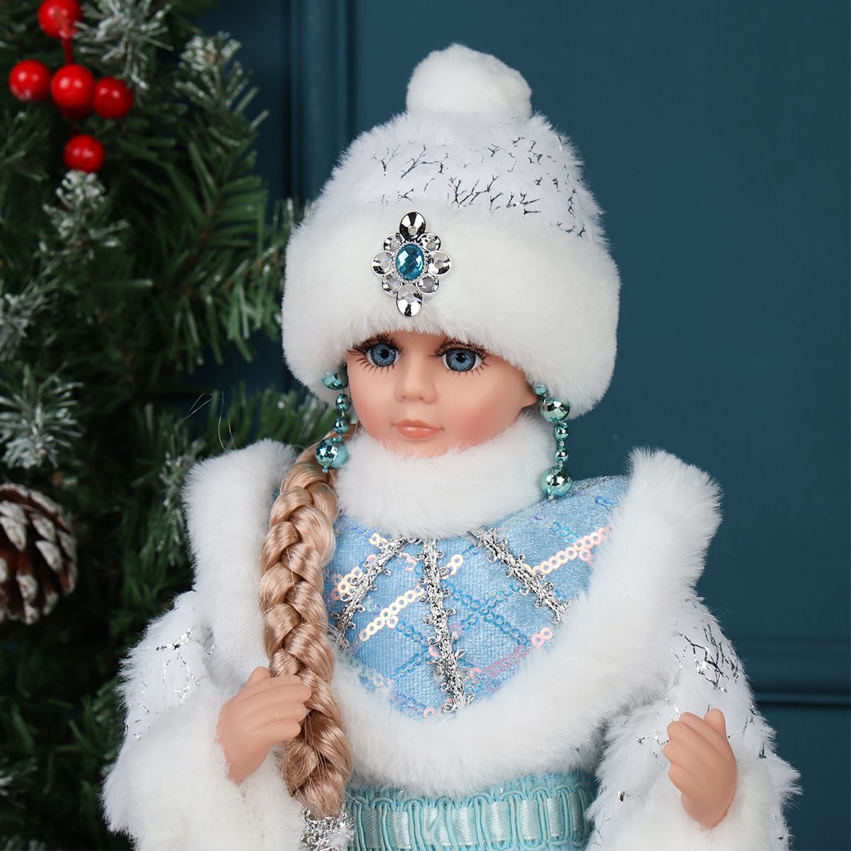 Статуэтка Игрушка Снегурочка под елку, музыкальная, пластик и текстиль, 30 см, цвет белый, голубой, серебристый — фото 3