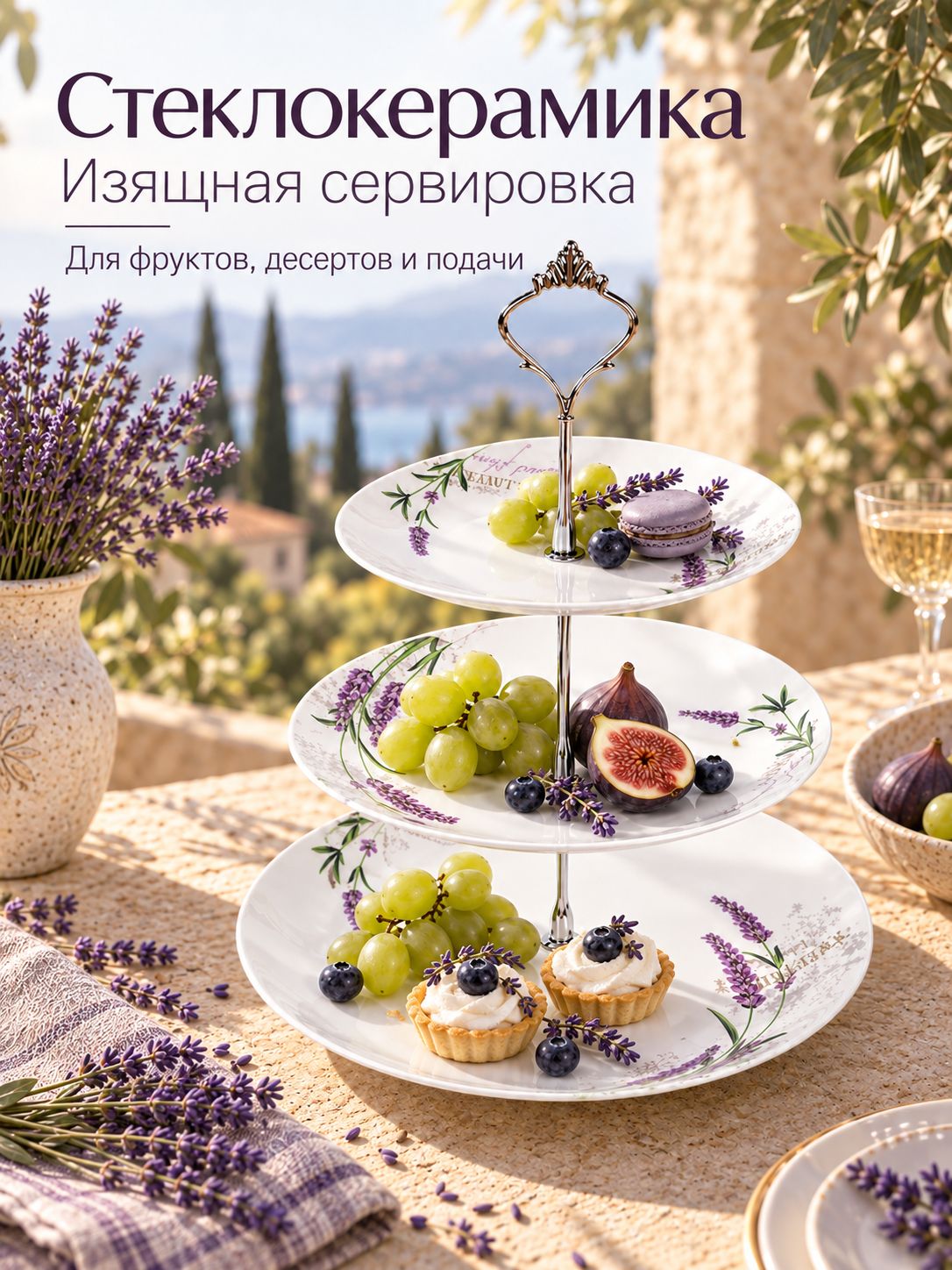 Фруктовница из стеклокерамики FLMLQP75/85/105 Лаванда, 3-ярусная, 19, 21,5 и 26,5 см