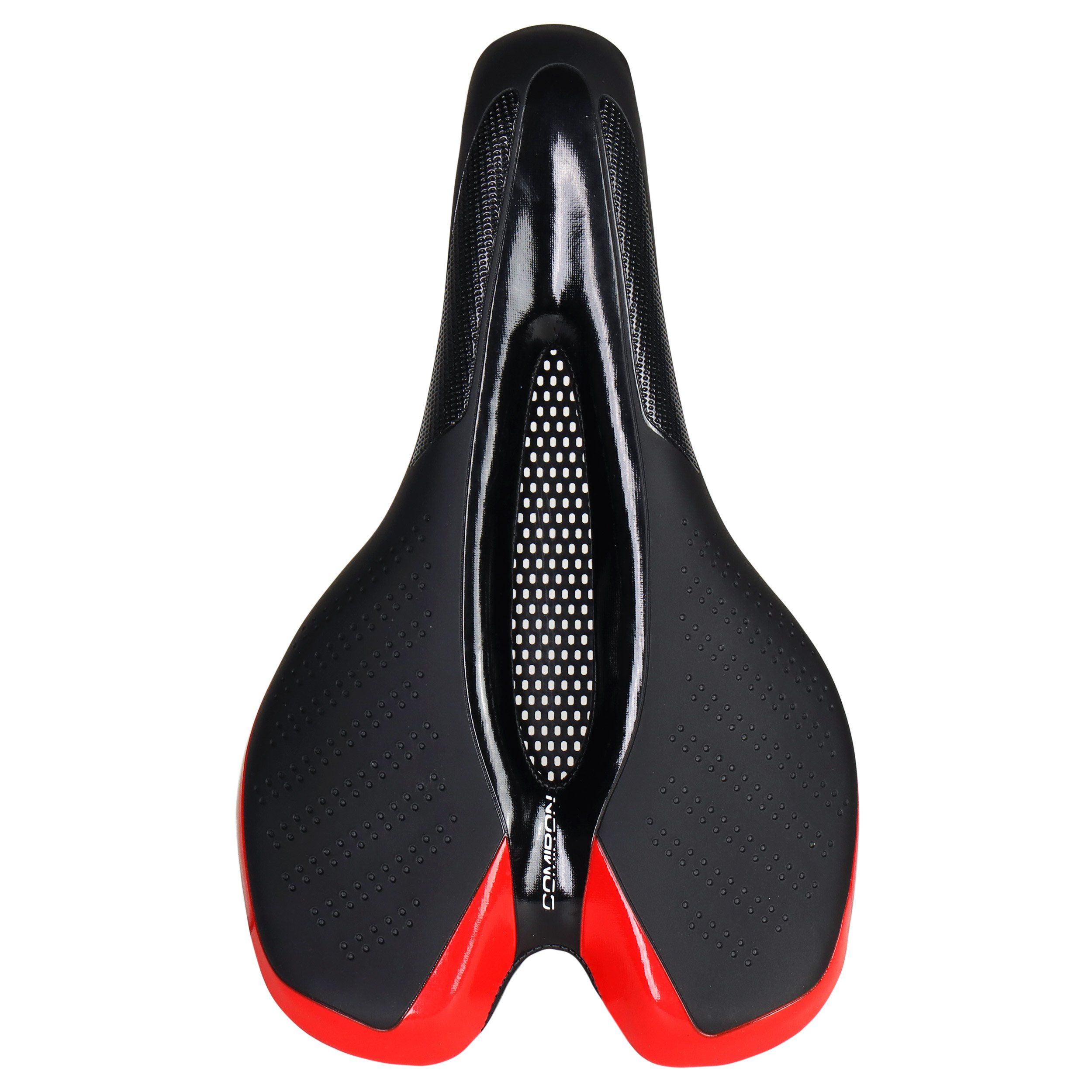 Седло велосипедное MTB COMIRON HINAULT M039R 250X155, верх: PU принтованный глянец, черное с красным