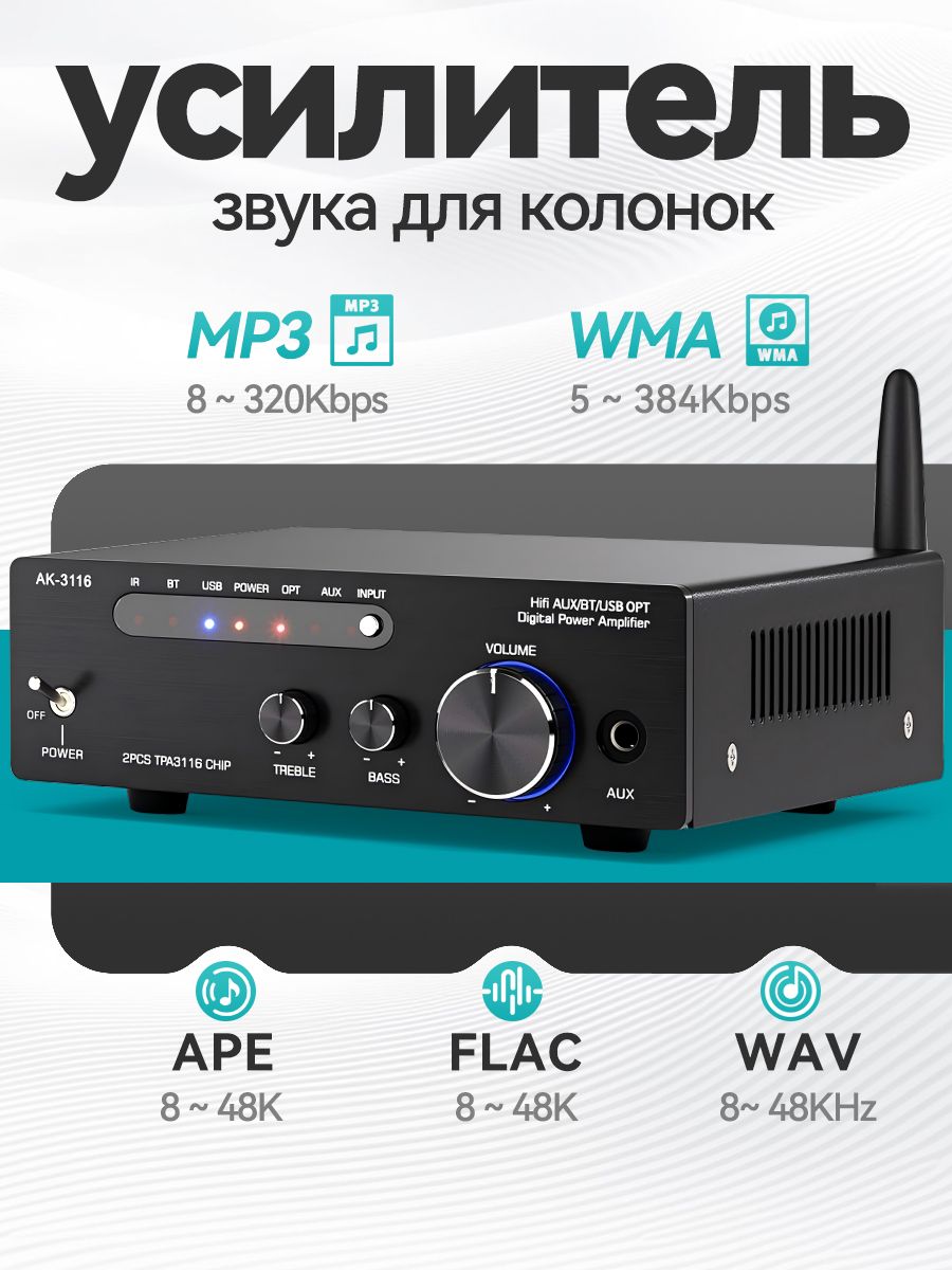 усилительзвукадляколонокMINP-AK3116,2.1-канальный,пиковаямощность1500Вт,Bluetooth,оптическийаудиовход,USB/3.5-ммAUX,сопротивление416Ом