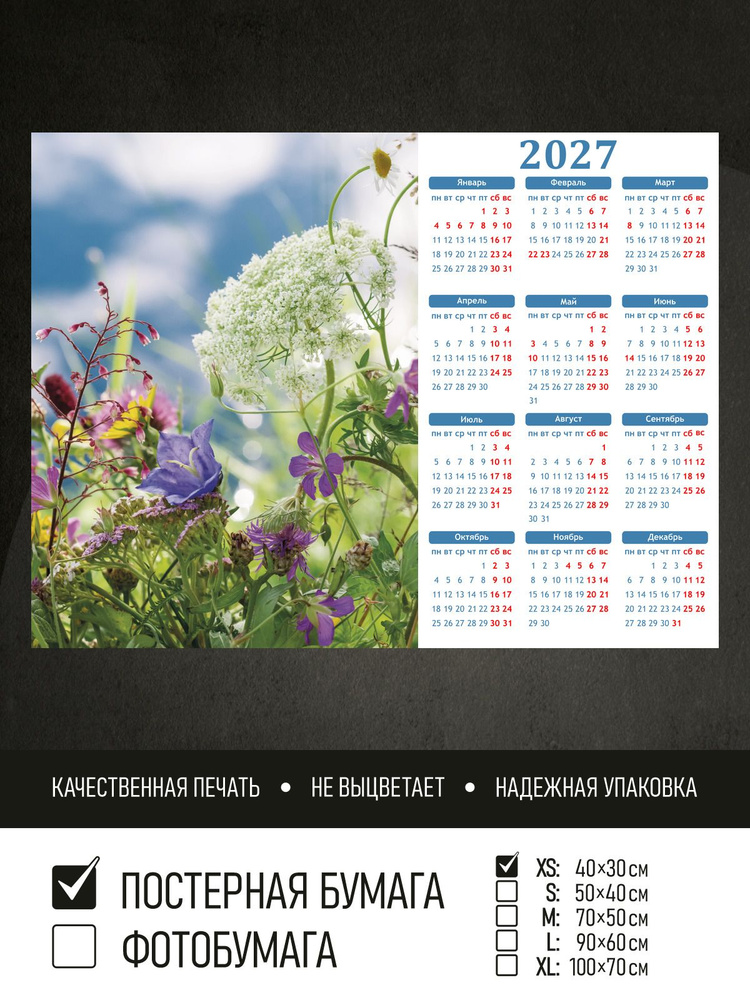 Календарь 2027 на стену Цветочный луг под облаками, 40х30 см ПолиЦентр #1