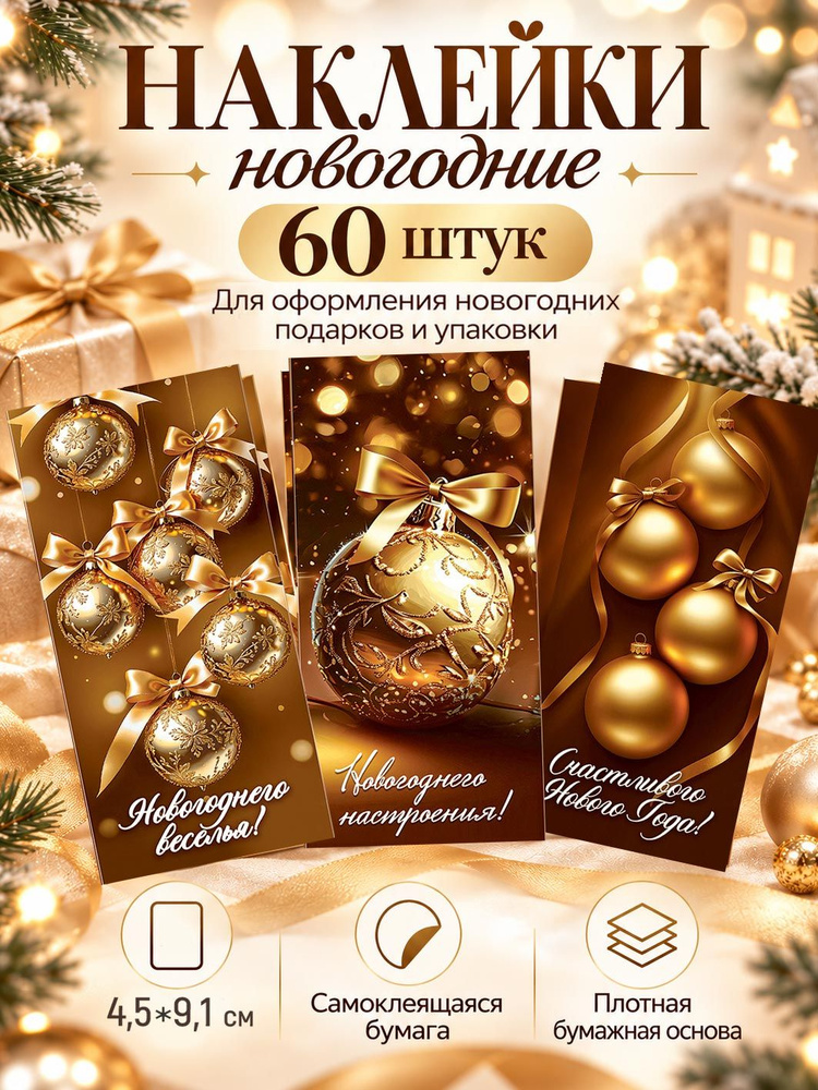 Новогодние наклейки на подарки С Новым годом Елочные шарики, 60 шт #1
